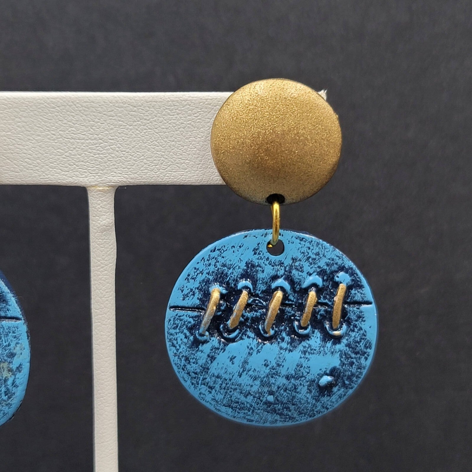 Vintage Pierced Earrings Gold tone Blue Dangle Statement 2"