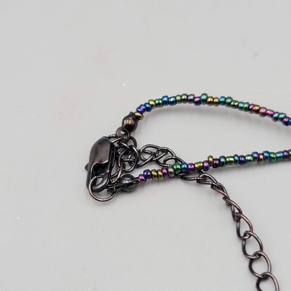 Signed Beaded Necklace Long 30 in Black Purple Green Triple Layer