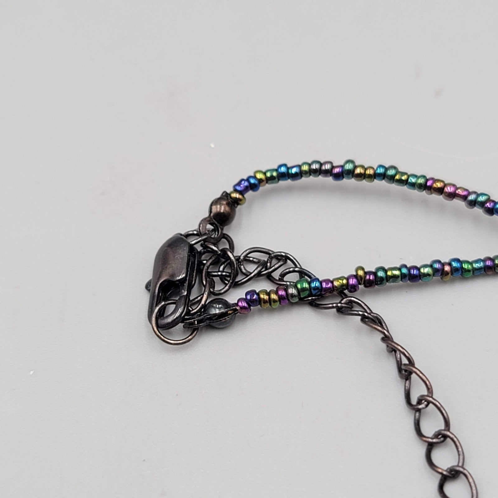 Signed Beaded Necklace Long 30 in Black Purple Green Triple Layer