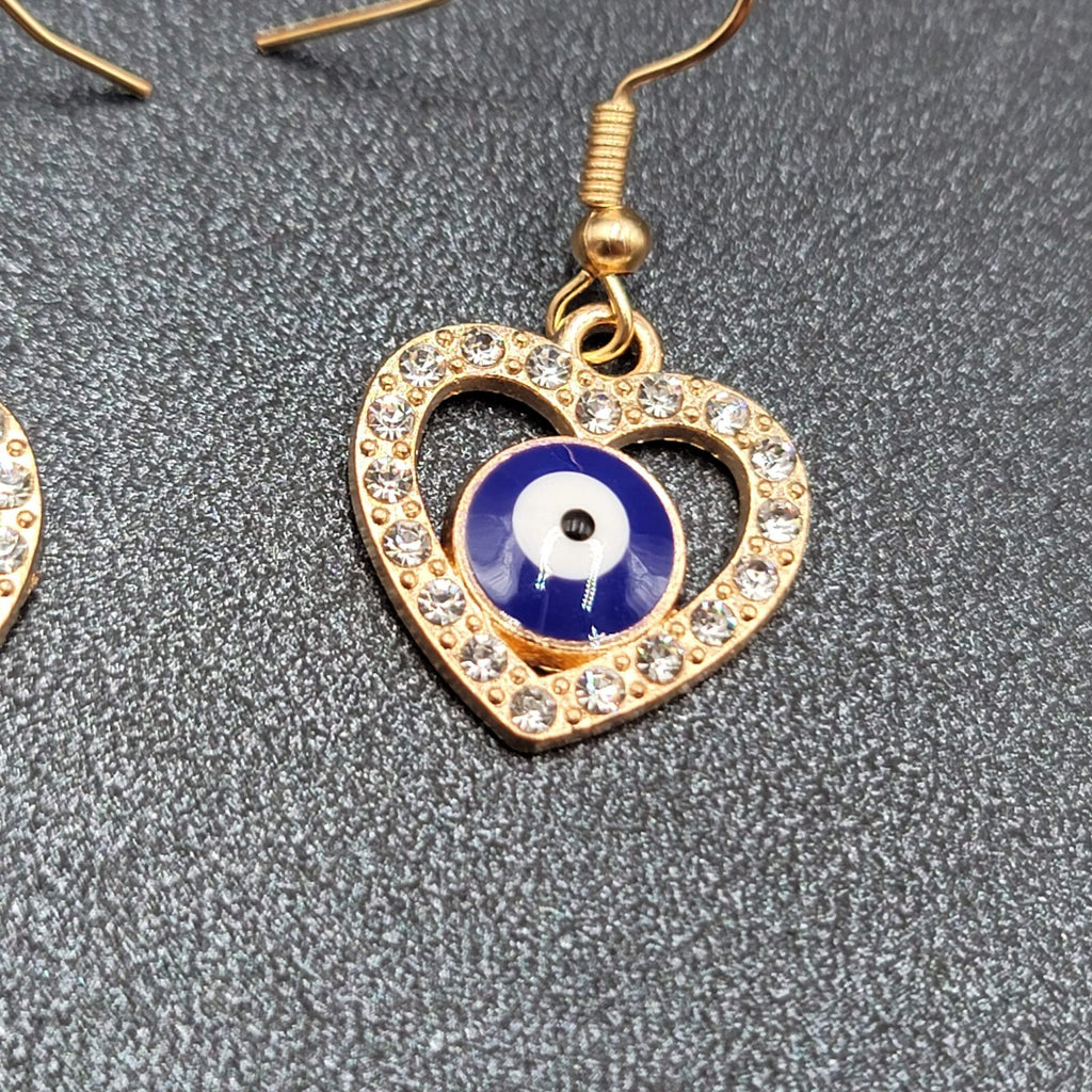 Pierced Earrings Gold tone Enamel Evil Eye Rhinestone Heart Dangle 3/4"