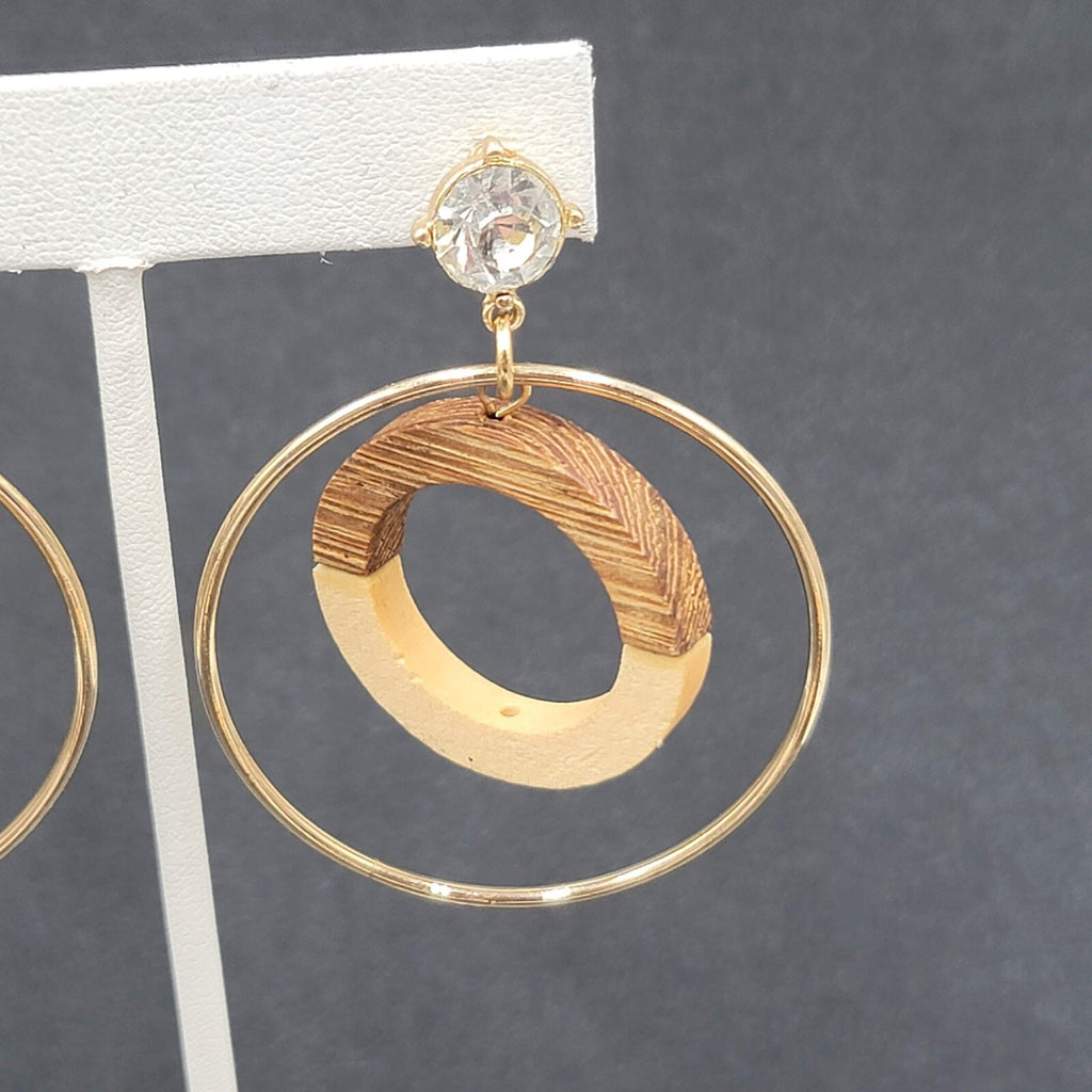 Pierced Earrings Gold tone Wood Rhinestone Hoops Dangle 2 1/4"