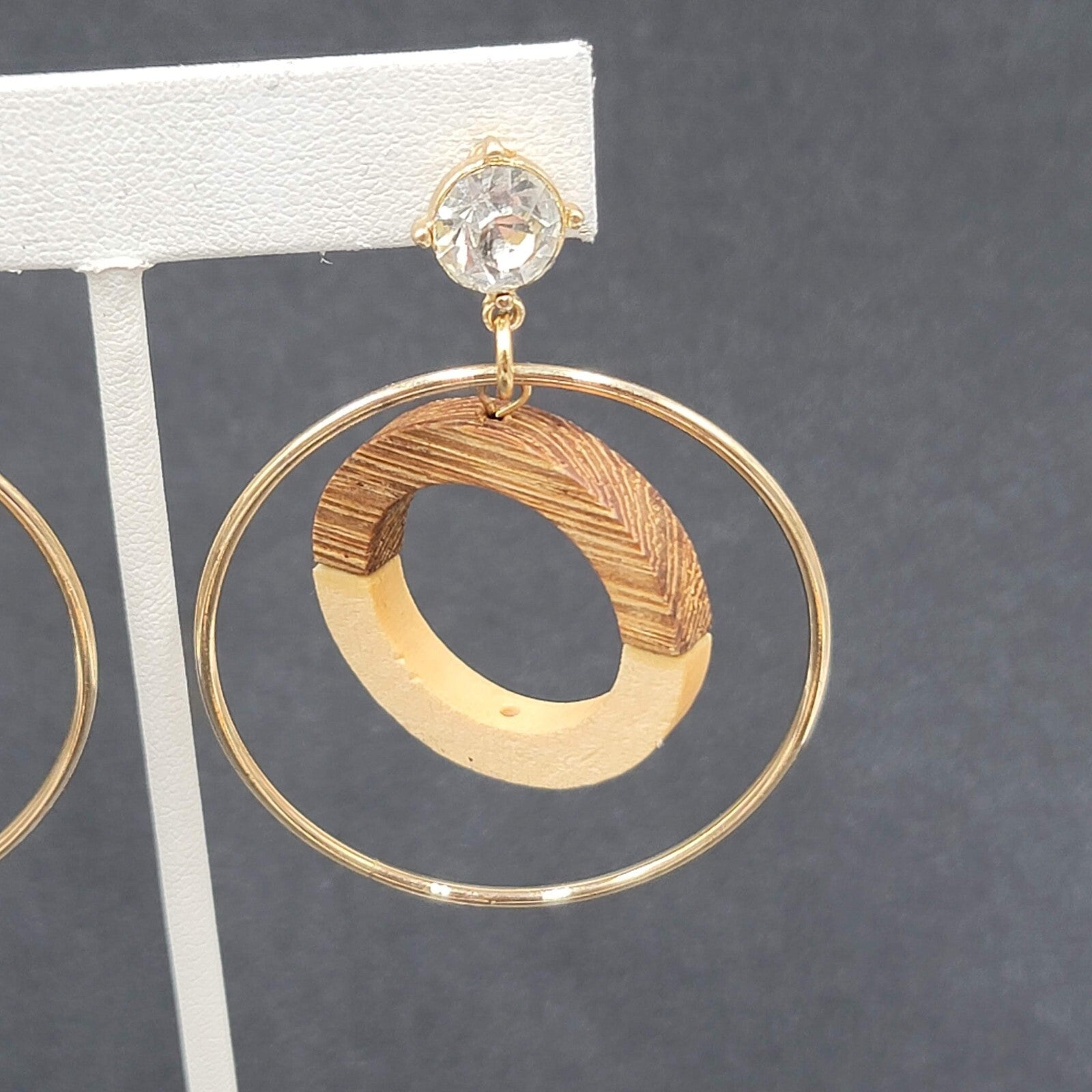 Pierced Earrings Gold tone Wood Rhinestone Hoops Dangle 2 1/4"