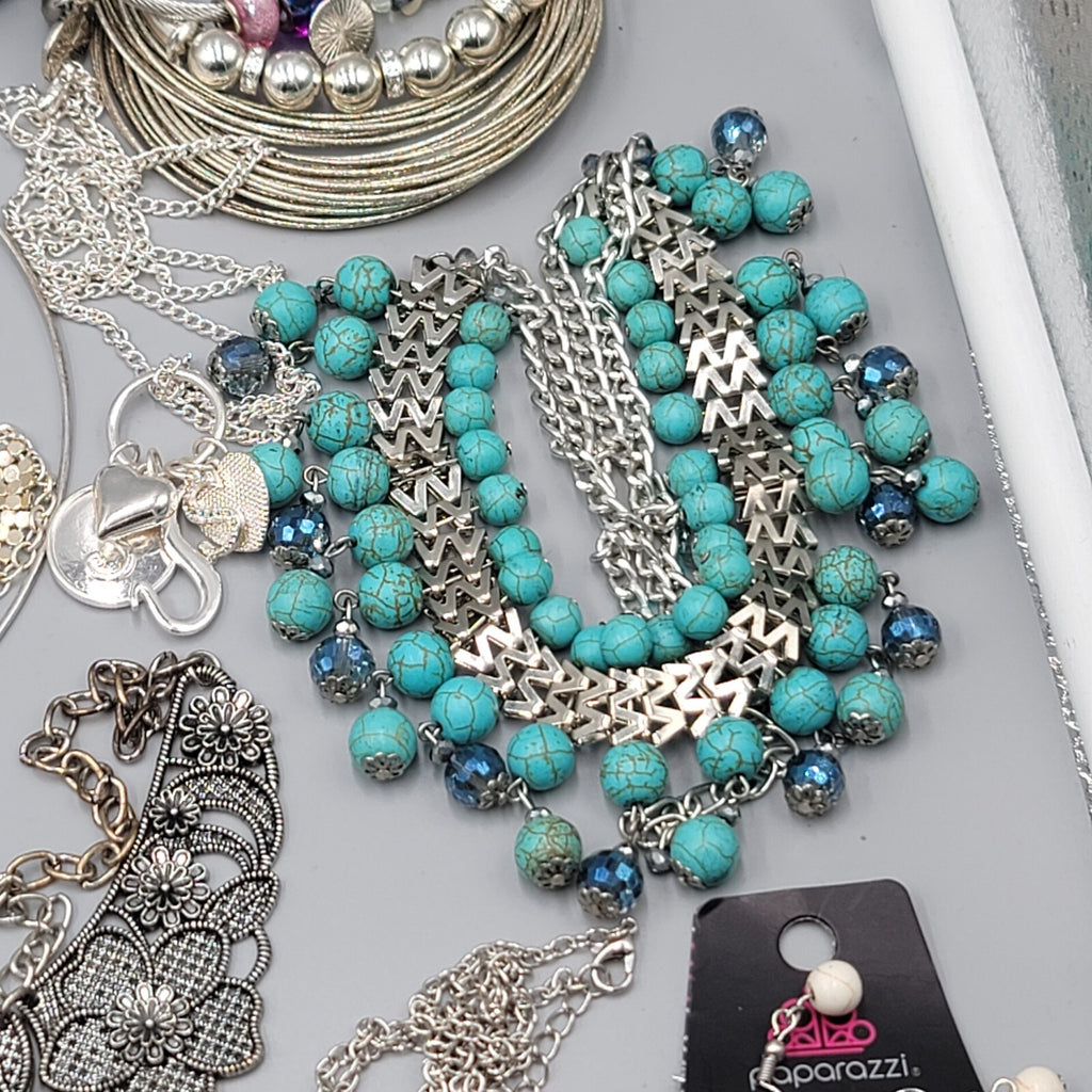 Silver tone Fashion Jewelry Lot of 39 Necklace Bracelets Earrings All Wearable