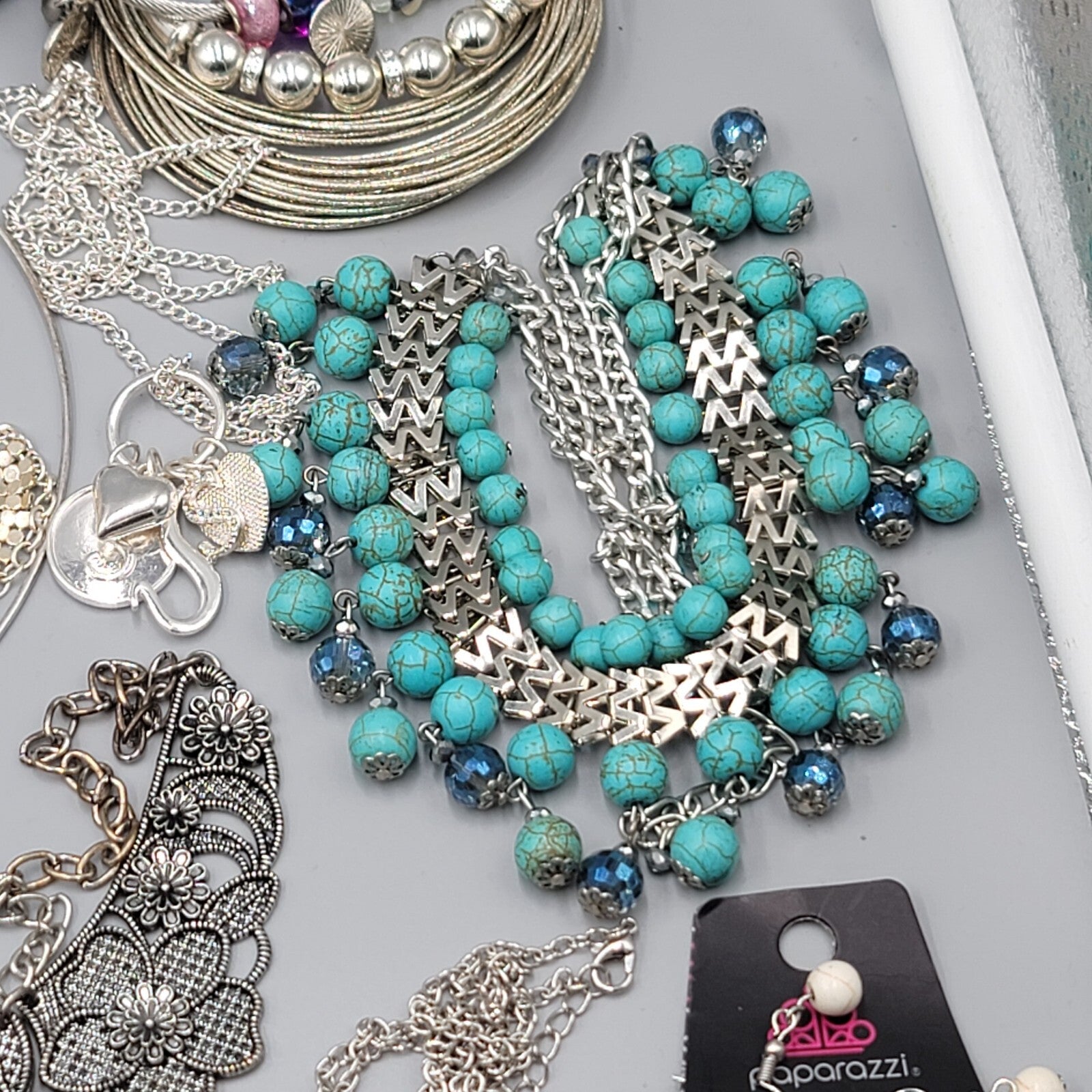 Silver tone Fashion Jewelry Lot of 39 Necklace Bracelets Earrings All Wearable