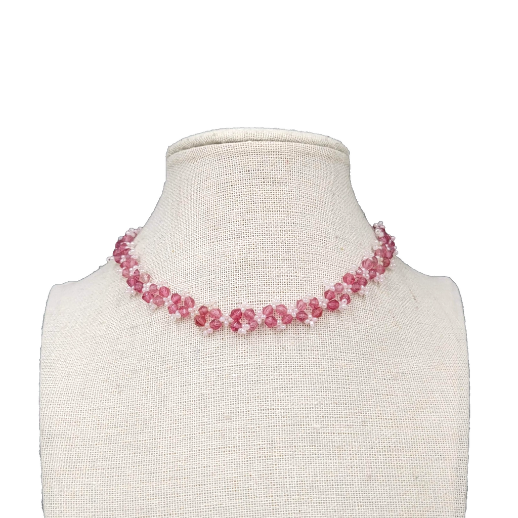 Pink Seed Bead Flower Choker Necklace 12"-15"