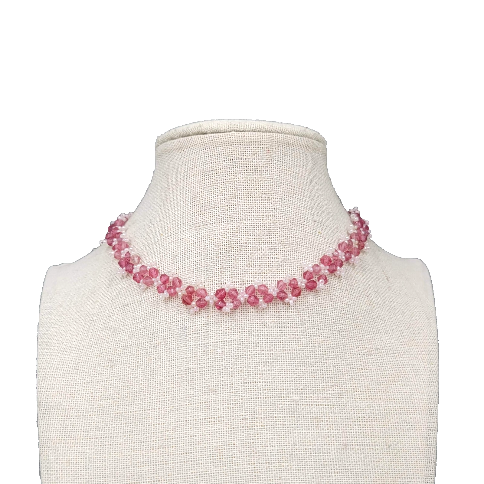 Pink Seed Bead Flower Choker Necklace 12"-15"