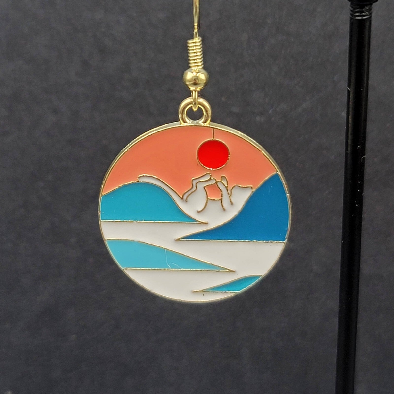 Kitty Cat Playing w Sun Pierced Earrings Japanese Style Art Gold tone Dangle 1"