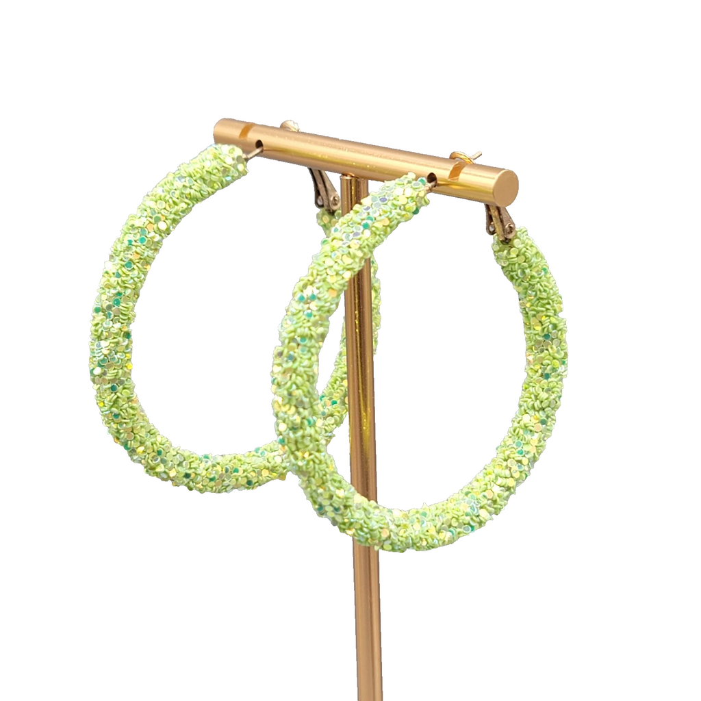 Neon Green Confetti Hoops Pierced Earrings Gold tone Large 