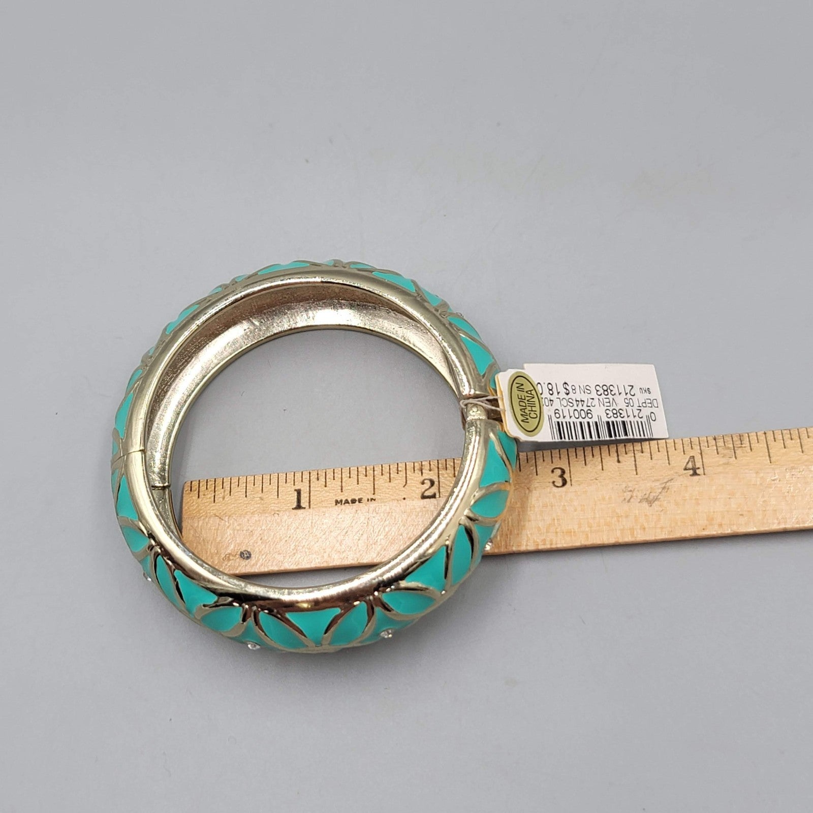 Dress Barn Bracelet NWT Teal Enamel Crystal Hinged Bangle Gold tone 7 in