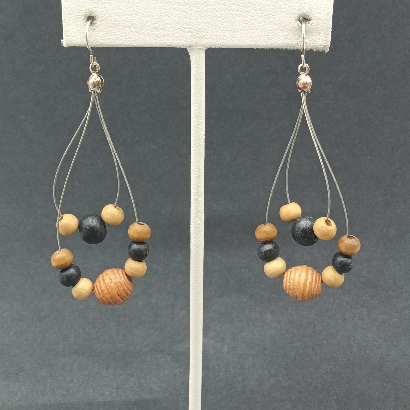 Pierced Earrings Silver tone Wood Beaded Wire Loop Dangle 2 3/8"