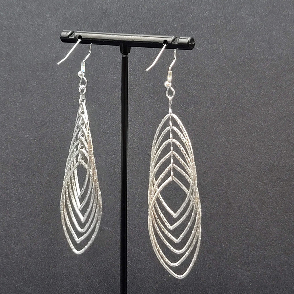 Pierced Earrings Silver tone Textured Concentric Hoops Dangle Statement 2.75"