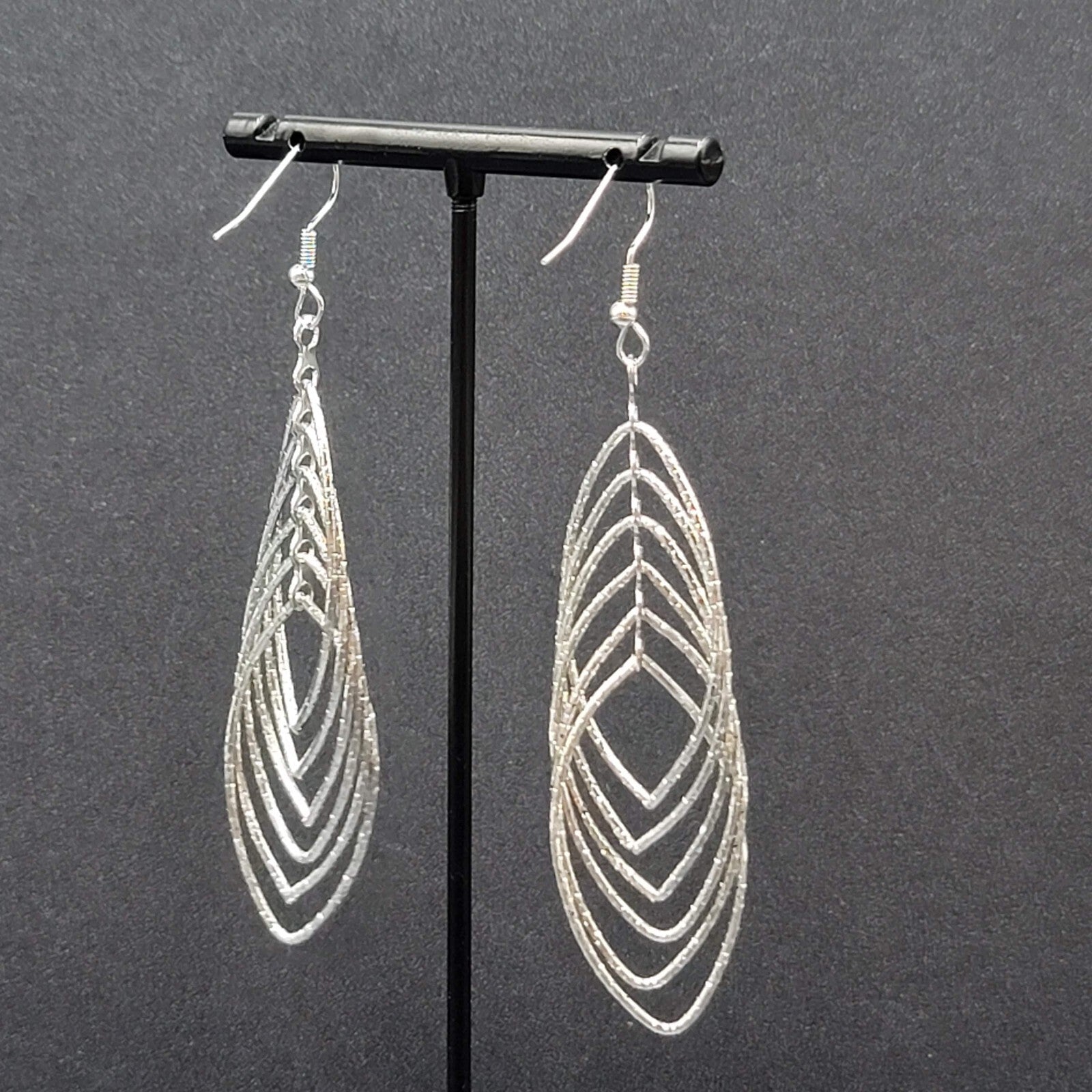 Pierced Earrings Silver tone Textured Concentric Hoops Dangle Statement 2.75"