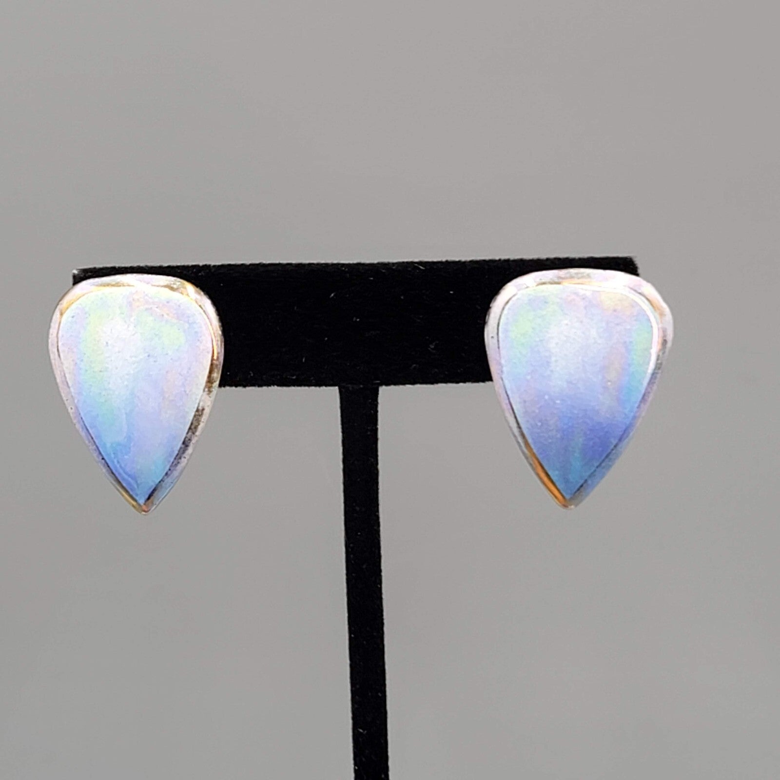 Vintage Ceramic Drop Pierced Earrings Blue Iridescent Enamel 1"