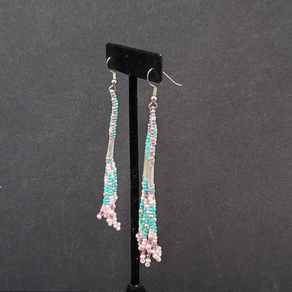 Pierced Earrings Blue Pink Purple Seed Bead Weaved 3 3/8"