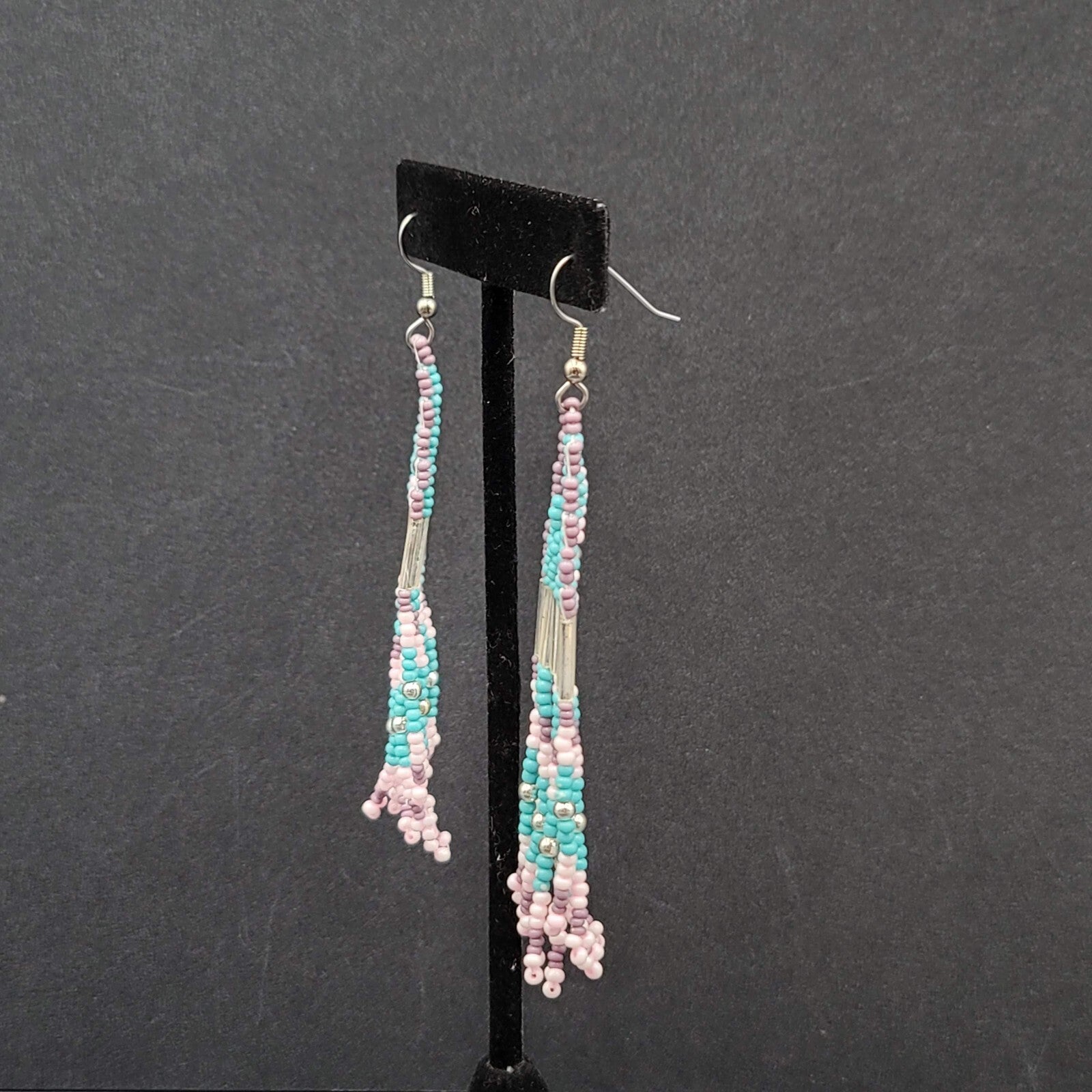 Pierced Earrings Blue Pink Purple Seed Bead Weaved 3 3/8"