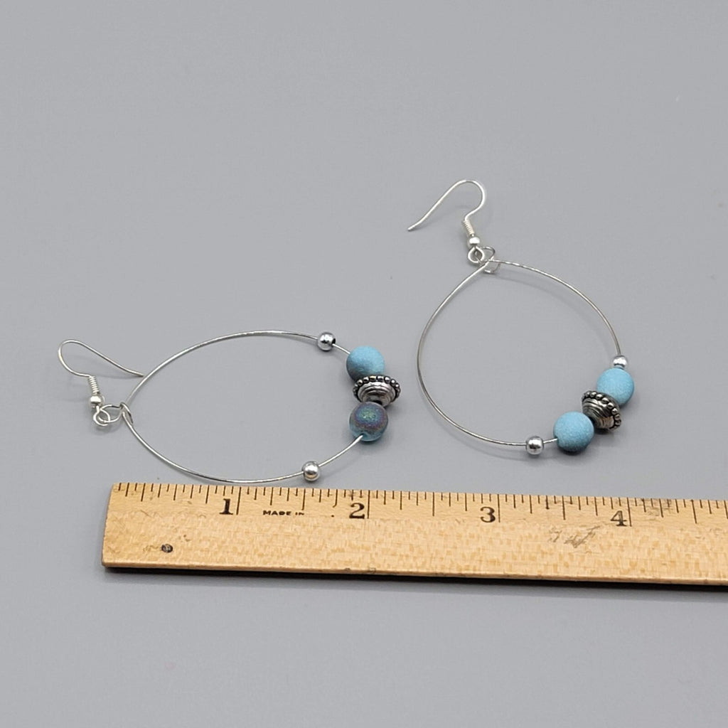 Pierced Earrings Silver tone Multicolor Blue Beads Hoops 2"