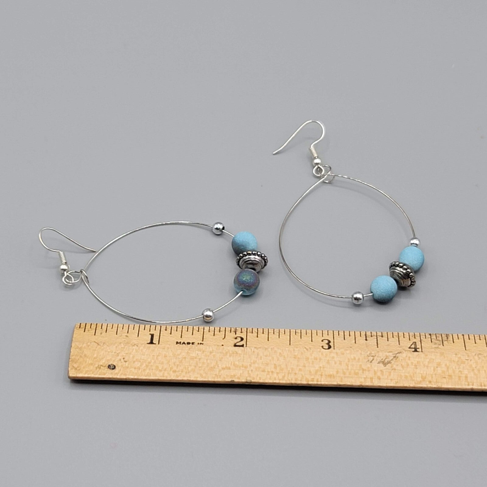Pierced Earrings Silver tone Multicolor Blue Beads Hoops 2"