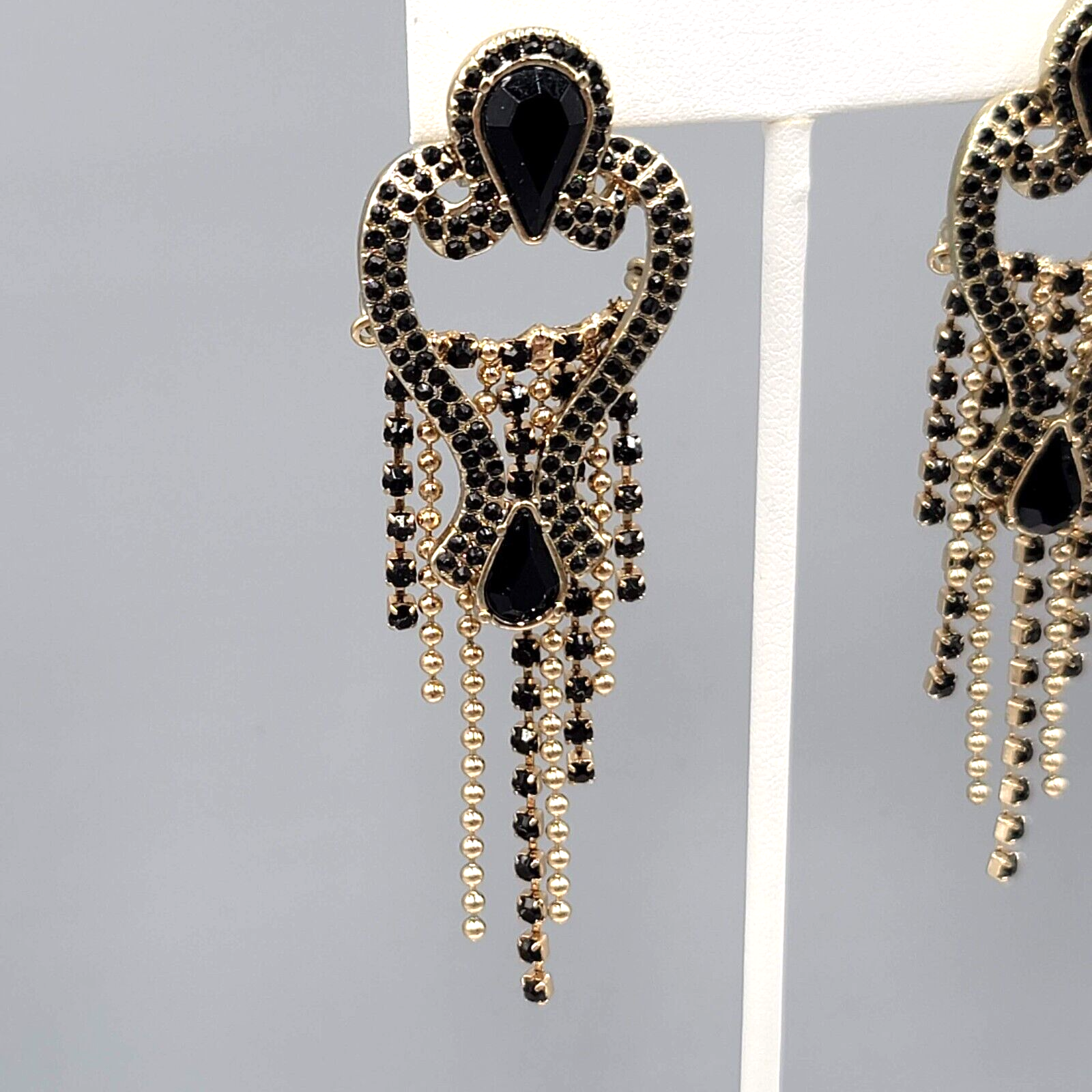 Statement Pierced Earrings Gold tone Black Rhinestone Chandelier Long 3.25"