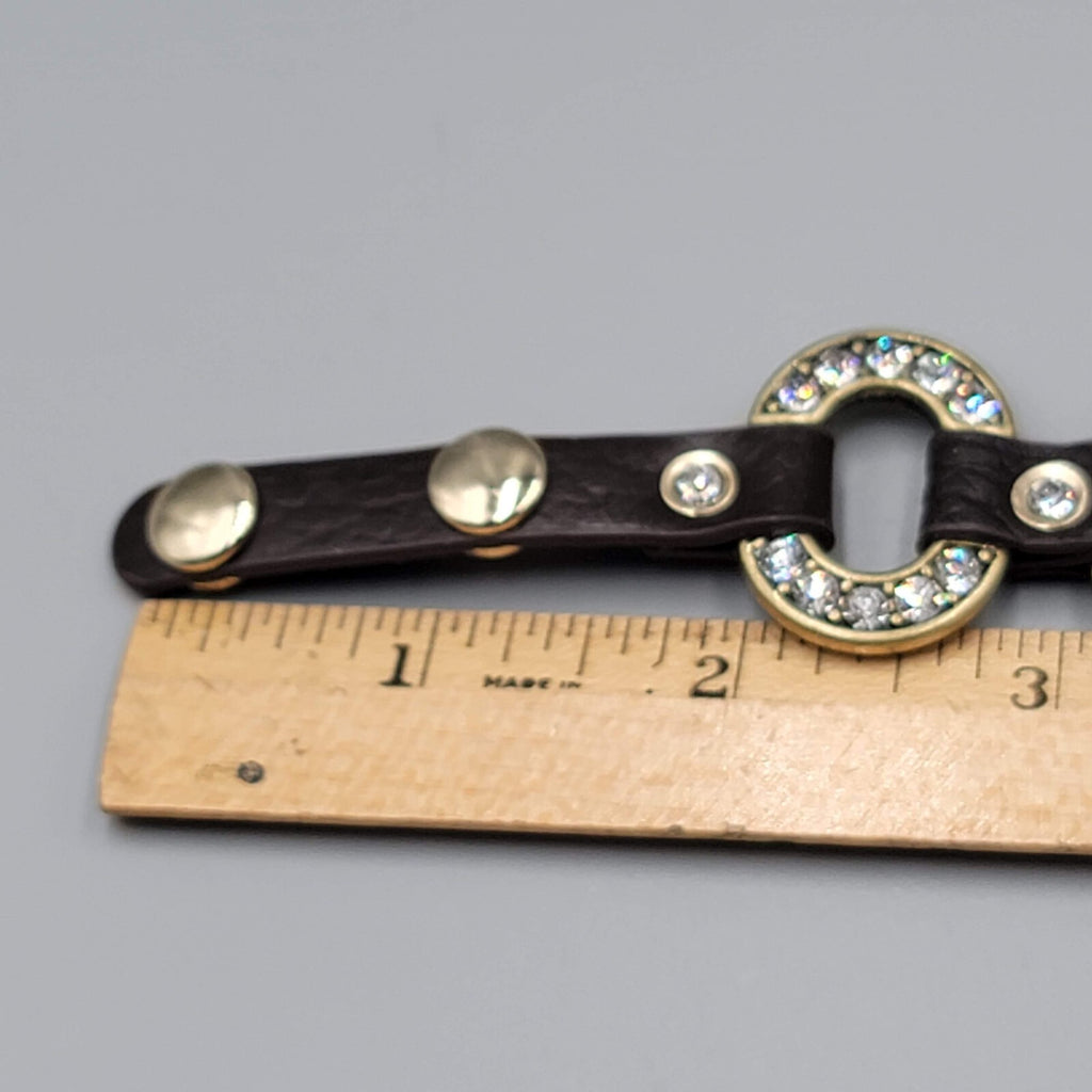 Guang Tong Brown Leather Bracelet Snaps Rhinestones Bronze tone