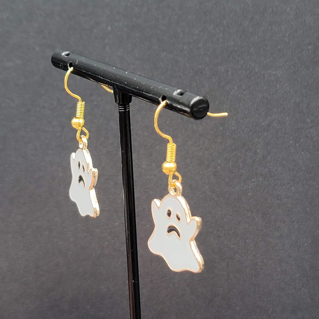 Halloween Sad Ghost Pierced Earrings Gold tone Gray Enamel Dangle 3/4"