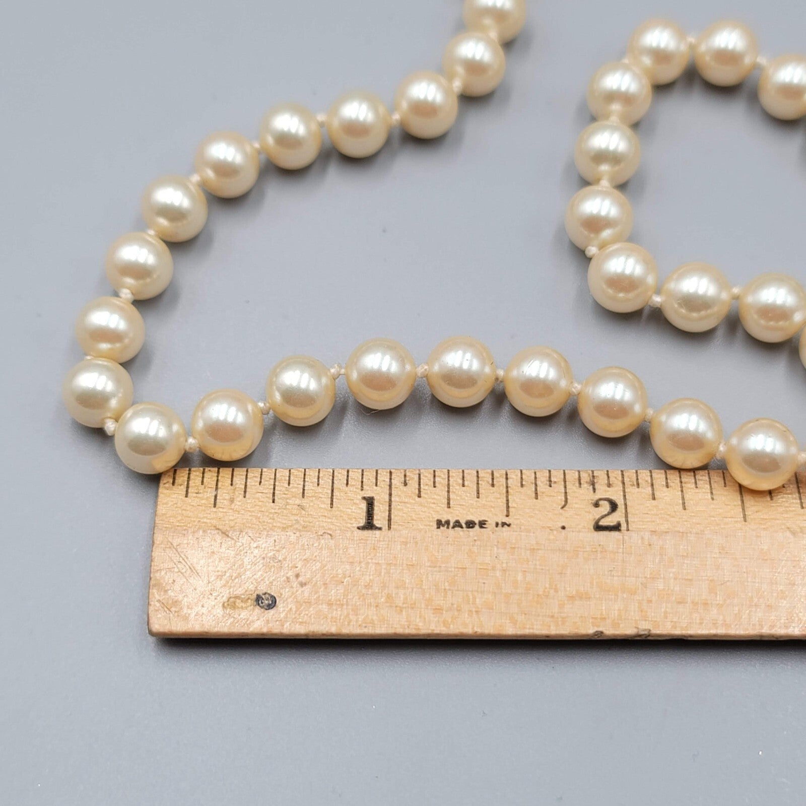 Vtg Glass Bead Necklace Imitation Pearl Hand Knotted Gold tone Filigree Clasp 8"