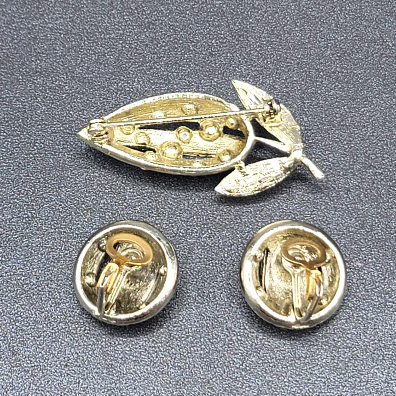 Vintage Flower Brooch Clip on Earrings Set Silver tone AB Rhinestone