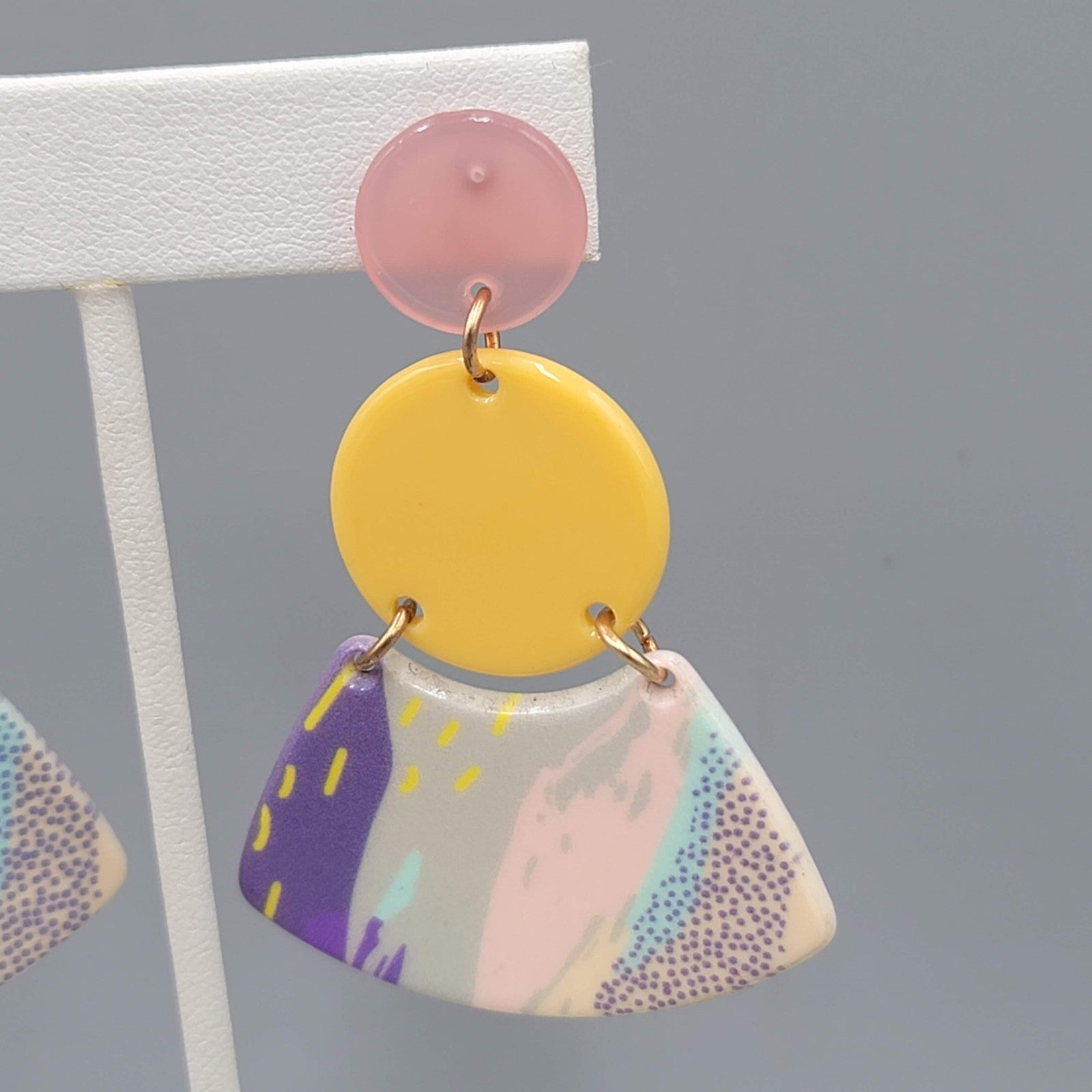 Yellow Pink Pastel Statement Pierced Earrings Large Acrylic Dangle Retro 2.5 in