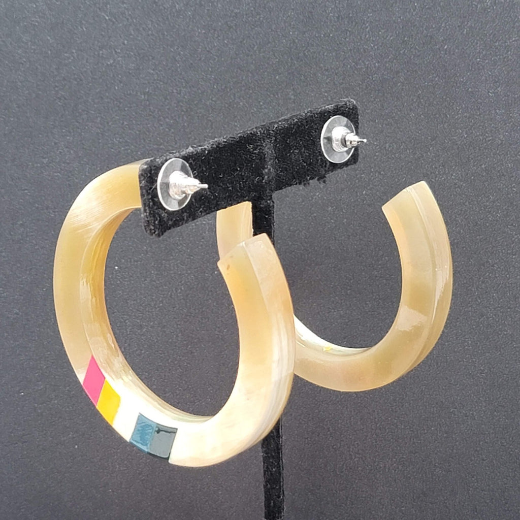 Pierced Earrings Resin Faux Horn Hoops Hand Painted 2 3/8"
