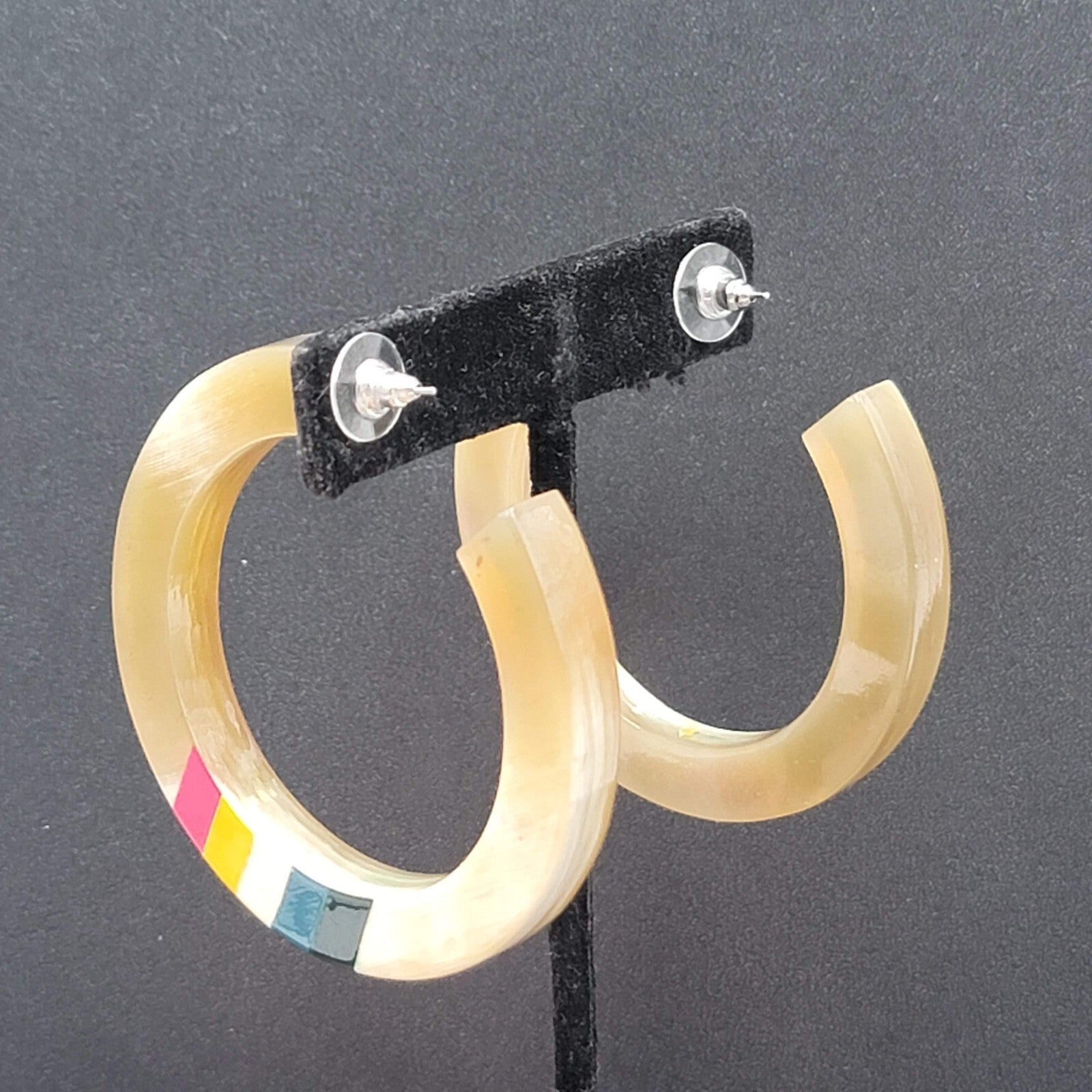 Pierced Earrings Resin Faux Horn Hoops Hand Painted 2 3/8"