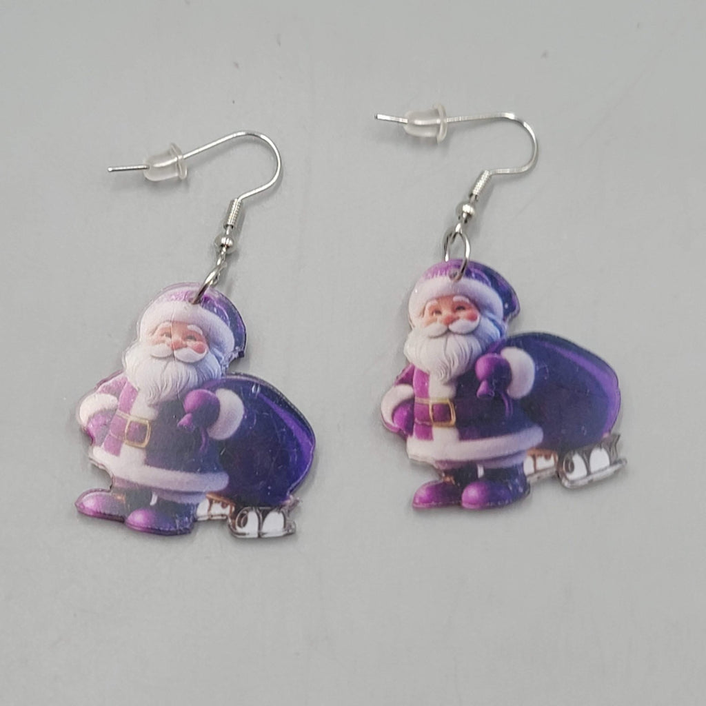 Christmas Santa Purple Bag Pierced Earrings Silver tone Dangle 1.25 in