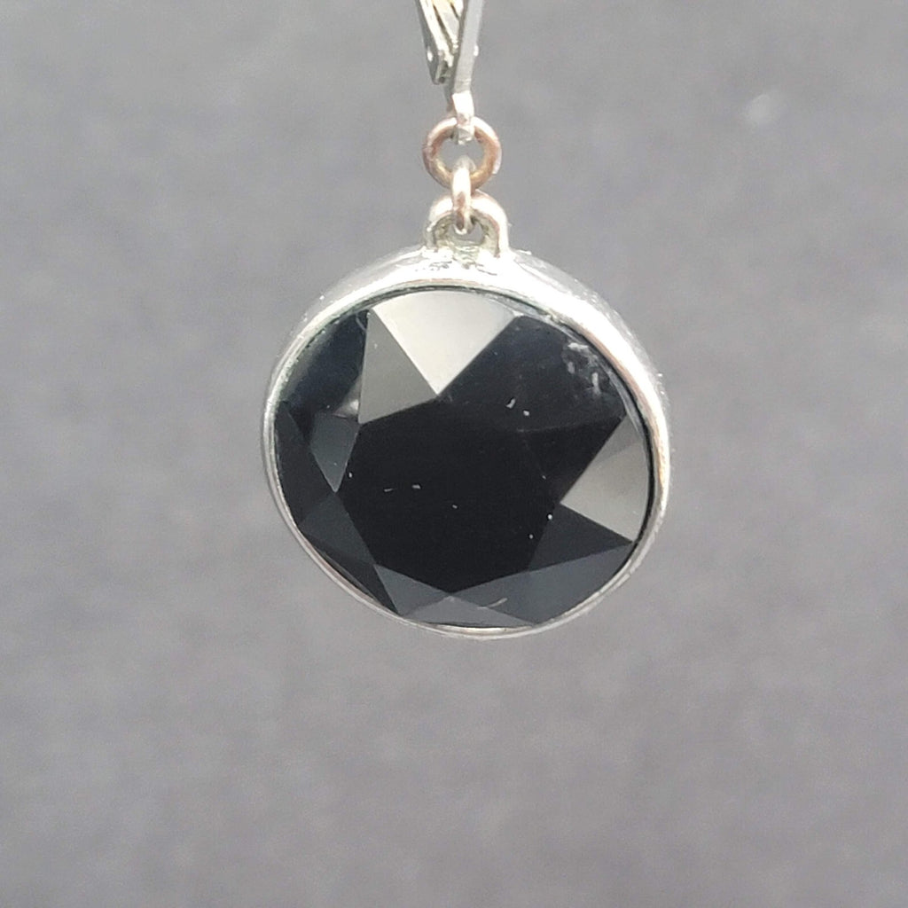 Pierced Earrings Silver tone Acrylic Black Faceted Dangle 1"