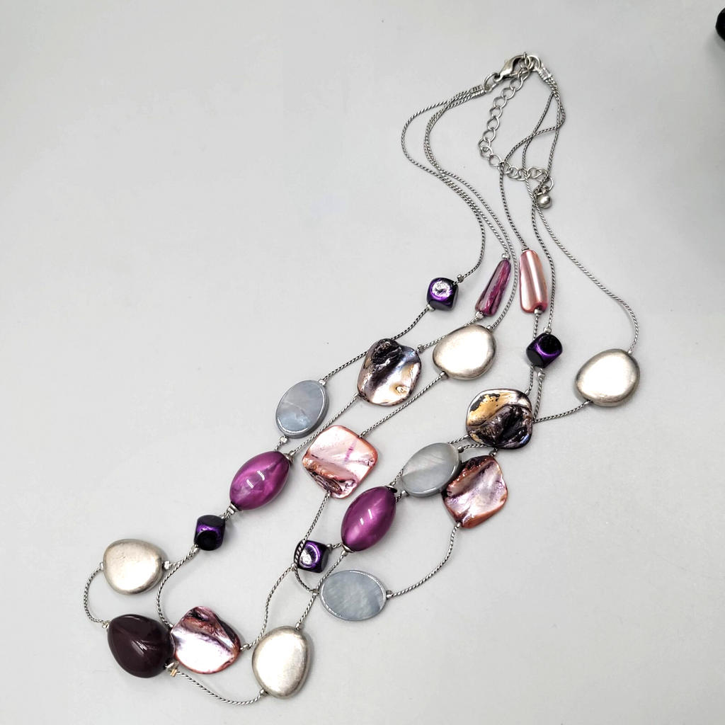 Triple Strand Necklace Purple Gray Shell Station Bead Silver tone  18"