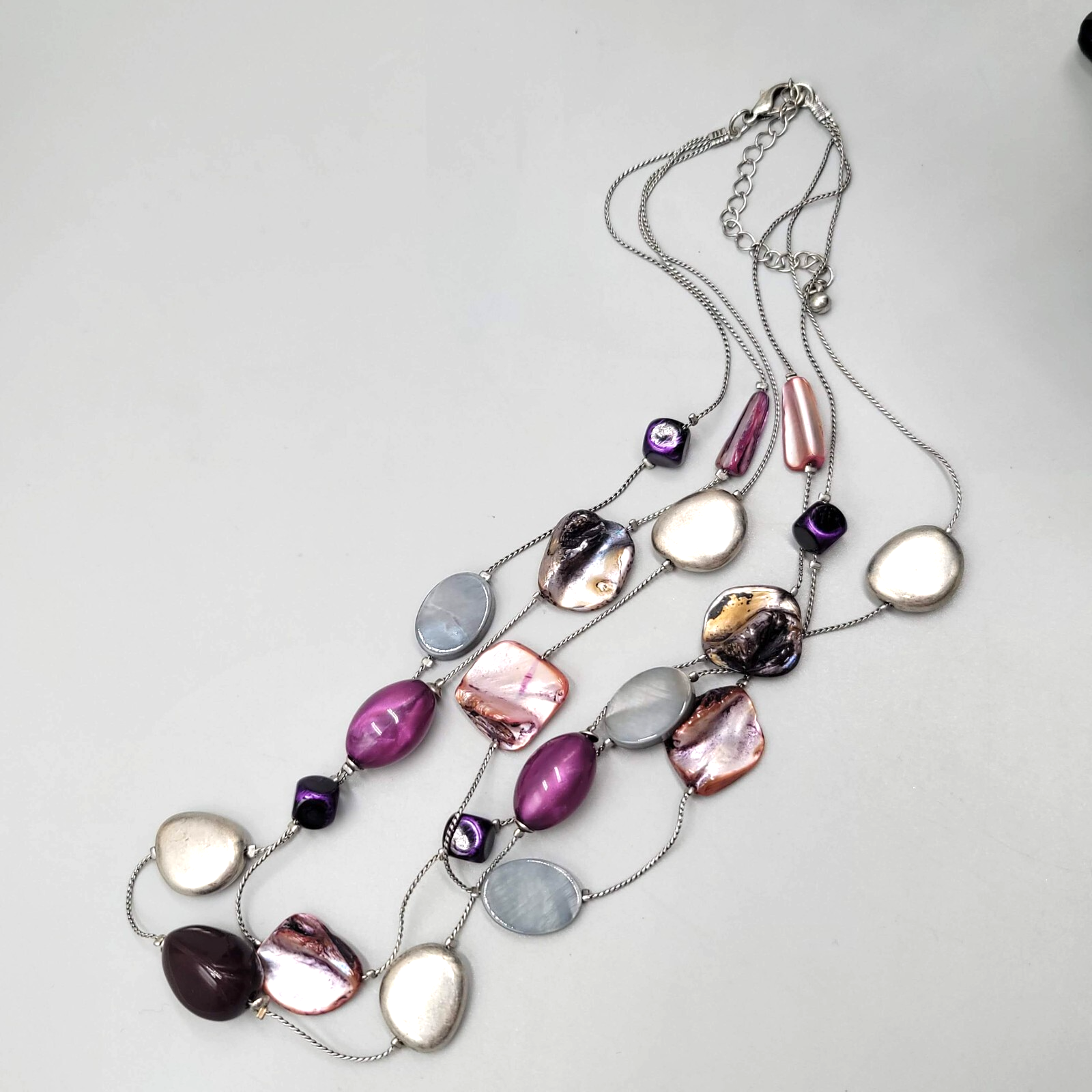 Triple Strand Necklace Purple Gray Shell Station Bead Silver tone  18"