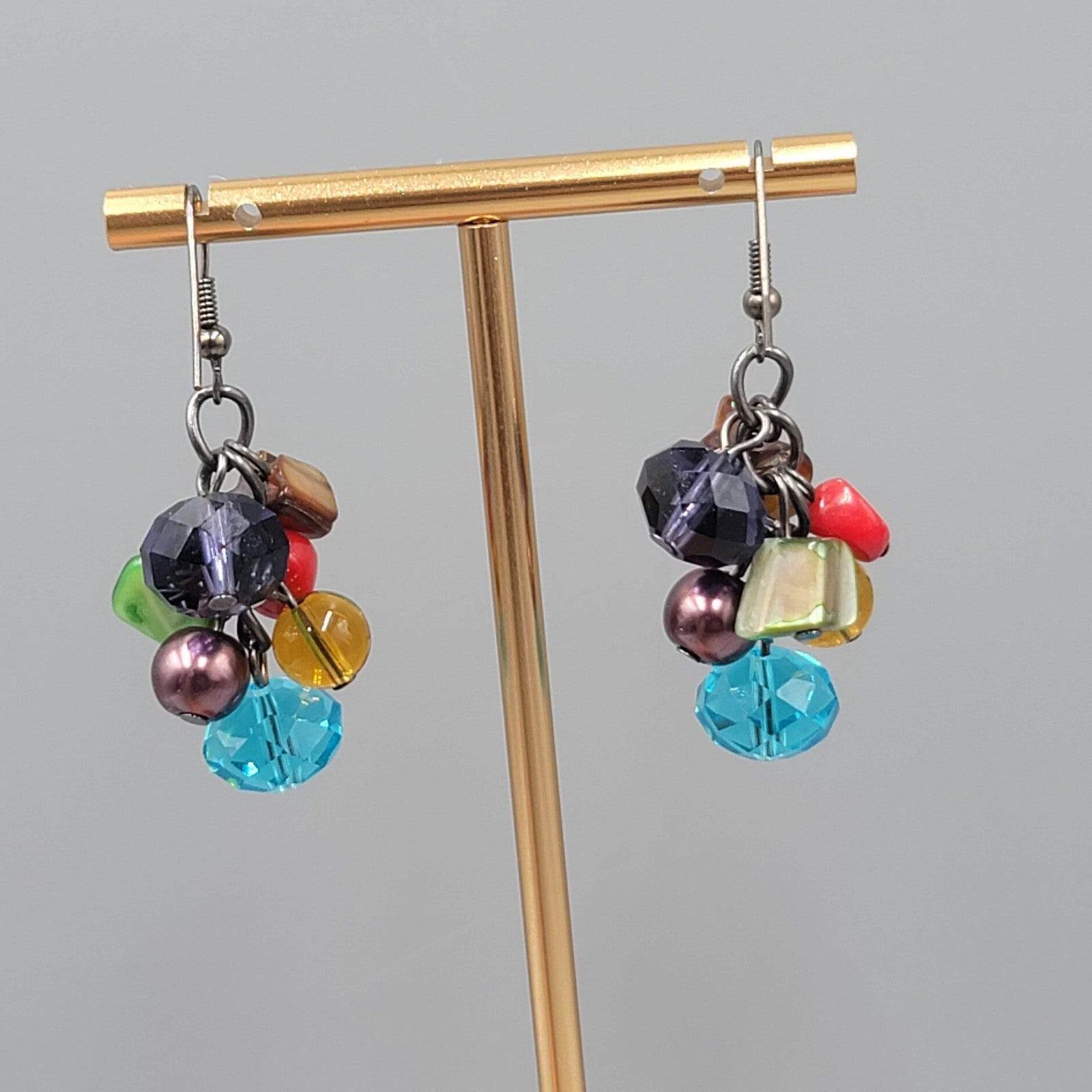 Multicolor Shell and Glass Bead Pierced Earrings Dangle 1.5 in
