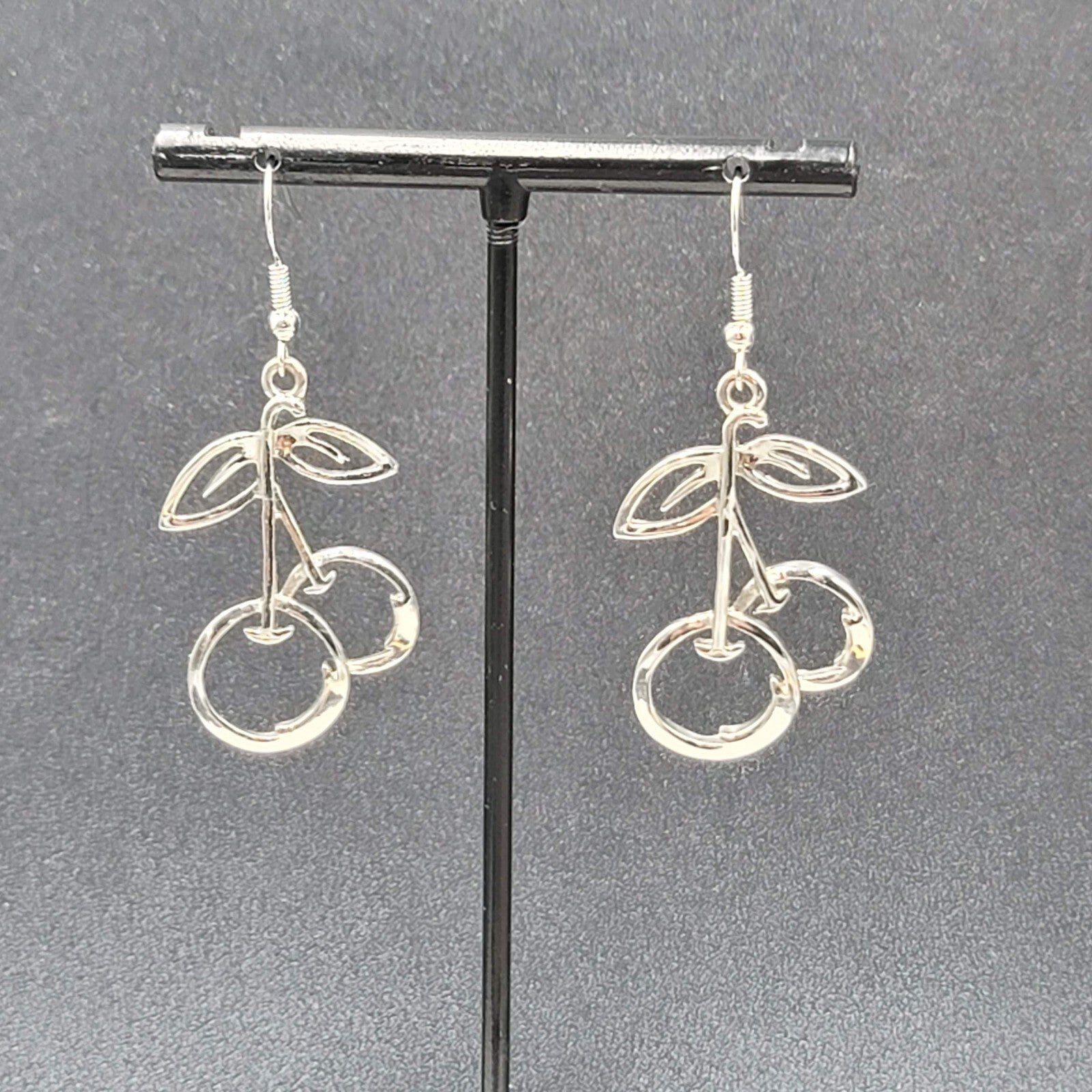 Cherry Pierced Earrings Cherries Silver tone Dangle 1 3/8"