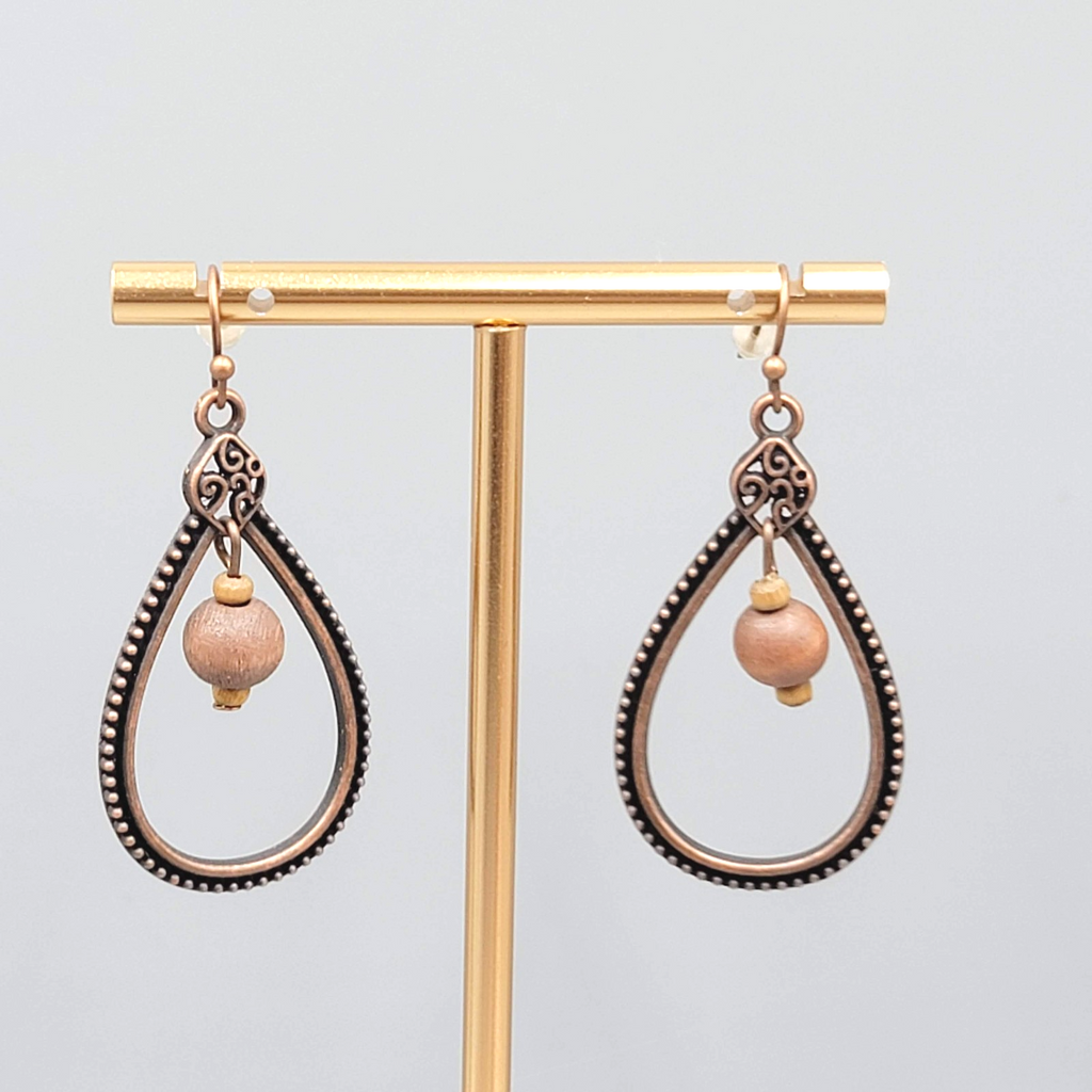 Open Teardrop Wood Bead Pierced Earrings Bronze tone Dangle 1.5"