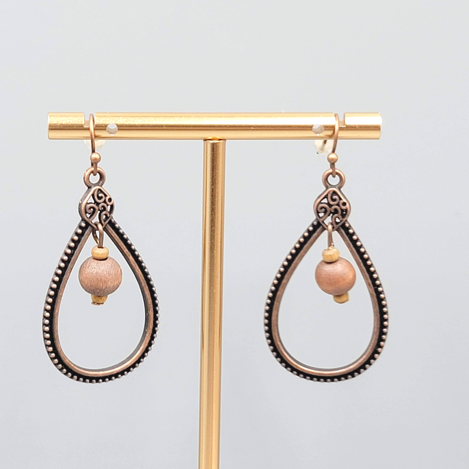 Open Teardrop Wood Bead Pierced Earrings Bronze tone Dangle 1.5"