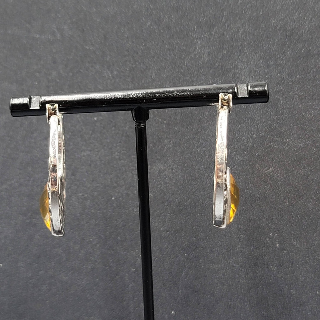 Pierced Earrings Silver tone Embossed Hoops Yellow Acrylic Accent 1.25"