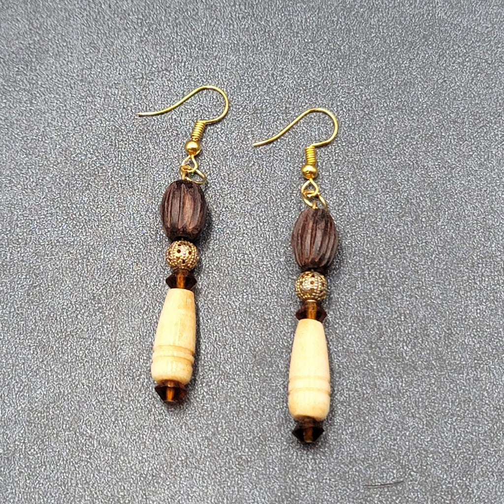 Pierced Earrings Gold tone Wood Hand Carved Beads Dangle 2"