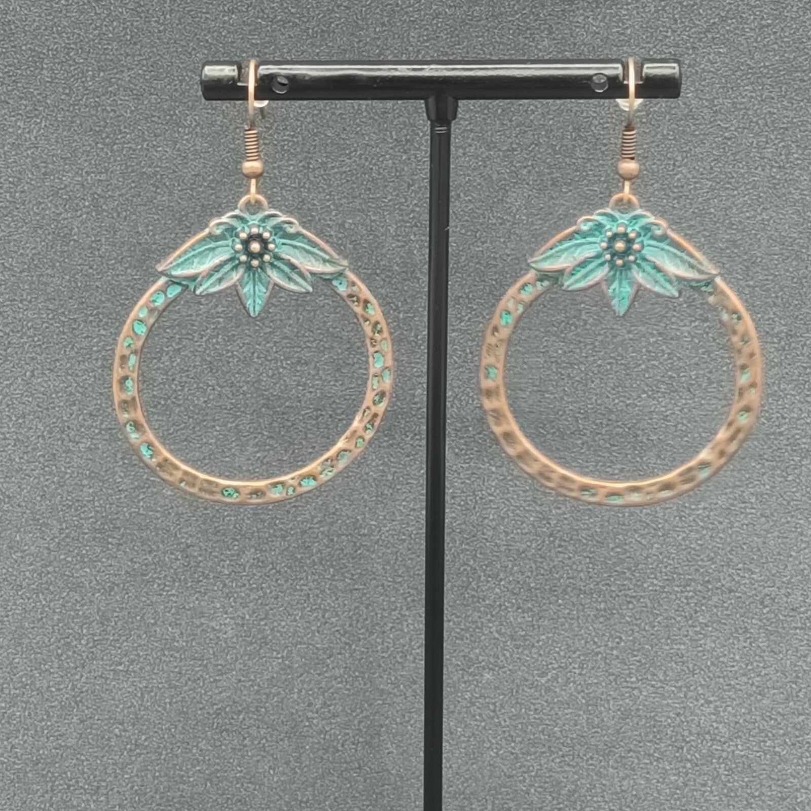 Pierced Earrings Copper tone Green Enamel Flower Open Disc Dangle Boho 1 5/8"