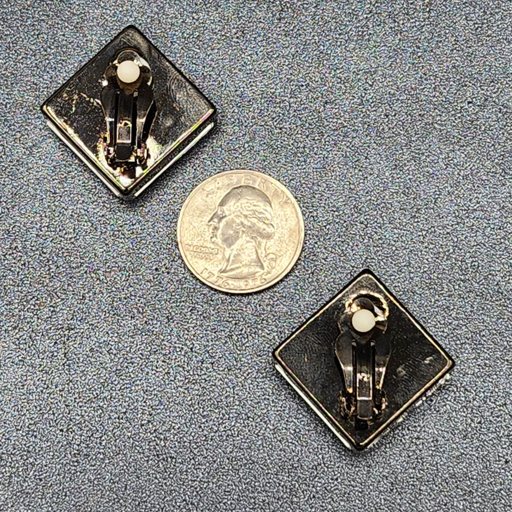 Vintage Clip on Earrings Black Metal Red Acrylic Square Drop 1"