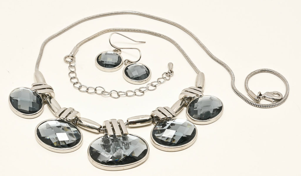 Faceted Glass Statement Necklace Pierced Earring Jewelry Set 19" - 22"