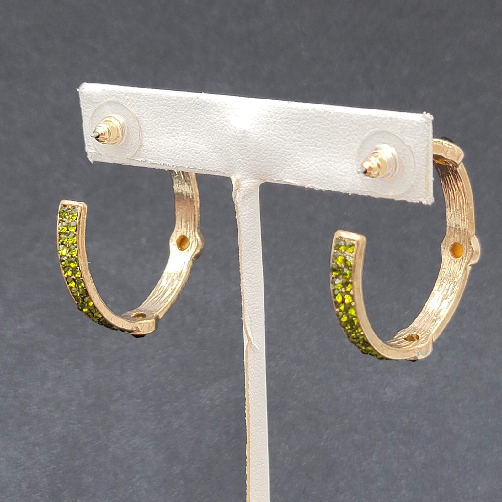 Pierced Earrings Gold tone Green Rhinestone Hoops 1 3/8"