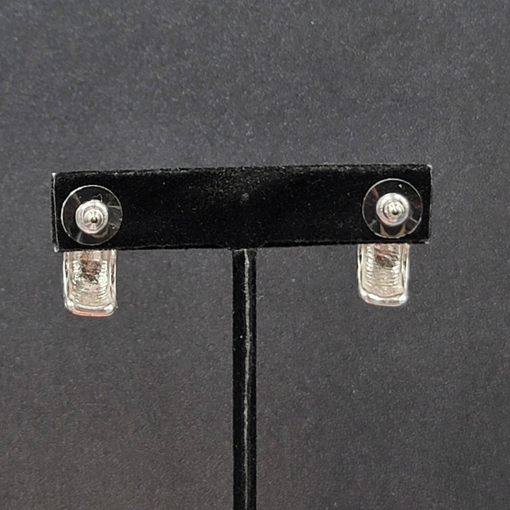 Pierced Earrings Silver Plated Ribbed Half Hoops Drop 3/4"