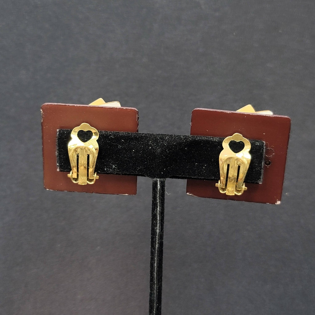Vintage Clip on Earrings Plastic Layered Squares Brown Tan 1.25"