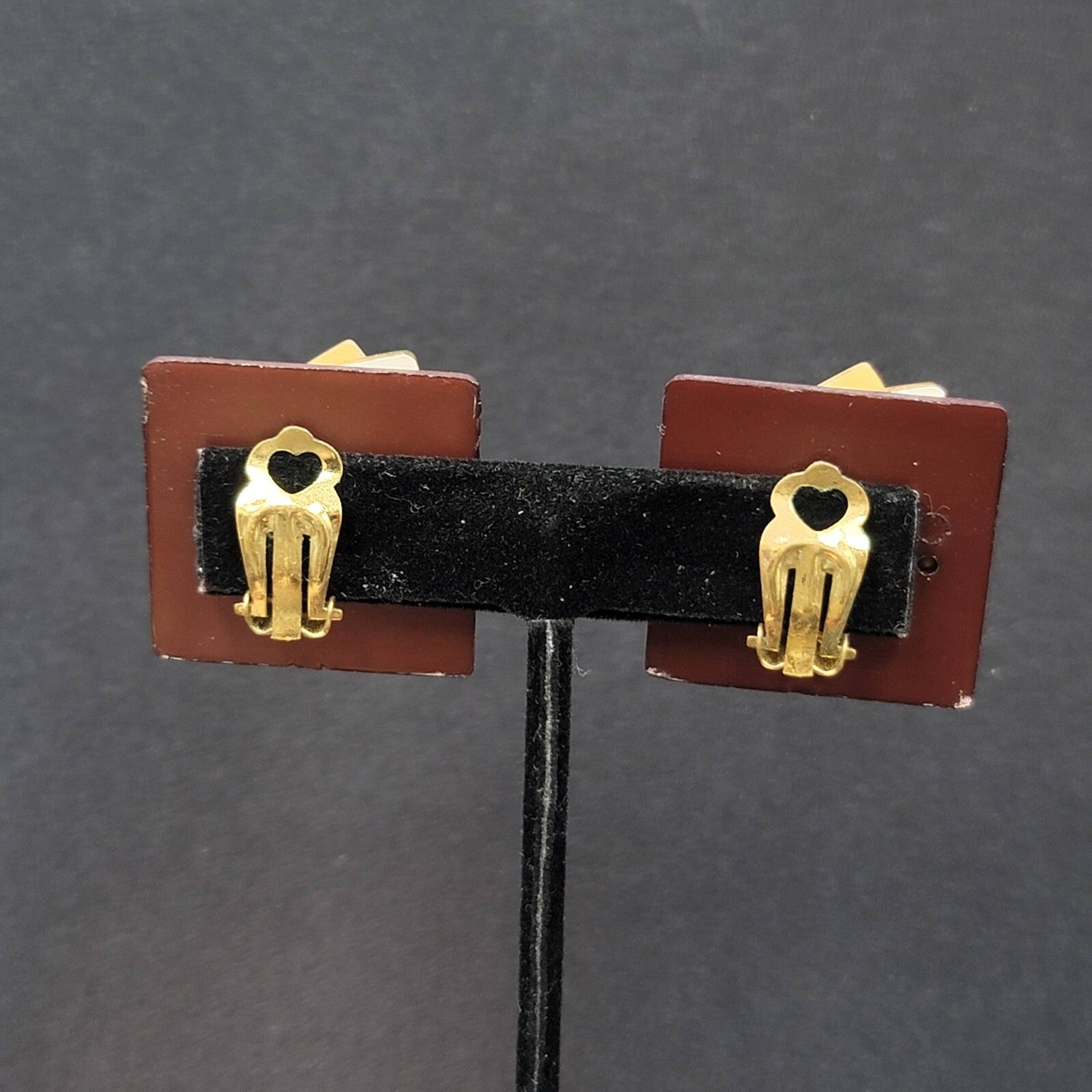 Vintage Clip on Earrings Plastic Layered Squares Brown Tan 1.25"
