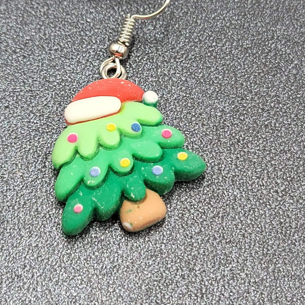 Christmas Tree Pierced Earrings Puffy 3D Dangle 1 1/8"