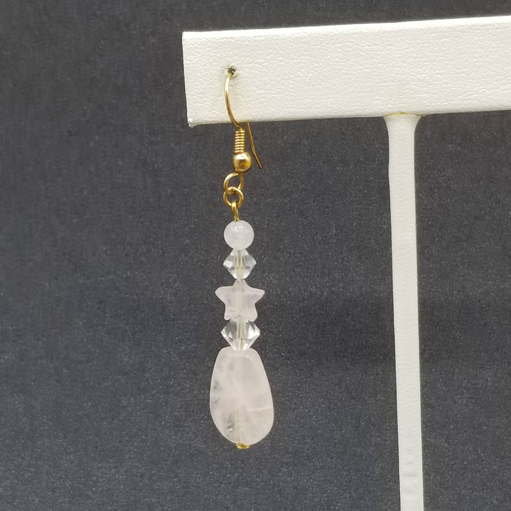 Pierced Earrings Gold tone Crystal Rose Quartz Teardrop Beaded Dangle 1 1/2"