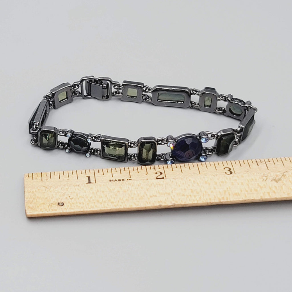 Black Metal Bracelet Dark Green Blue Rhinestones 7.25"