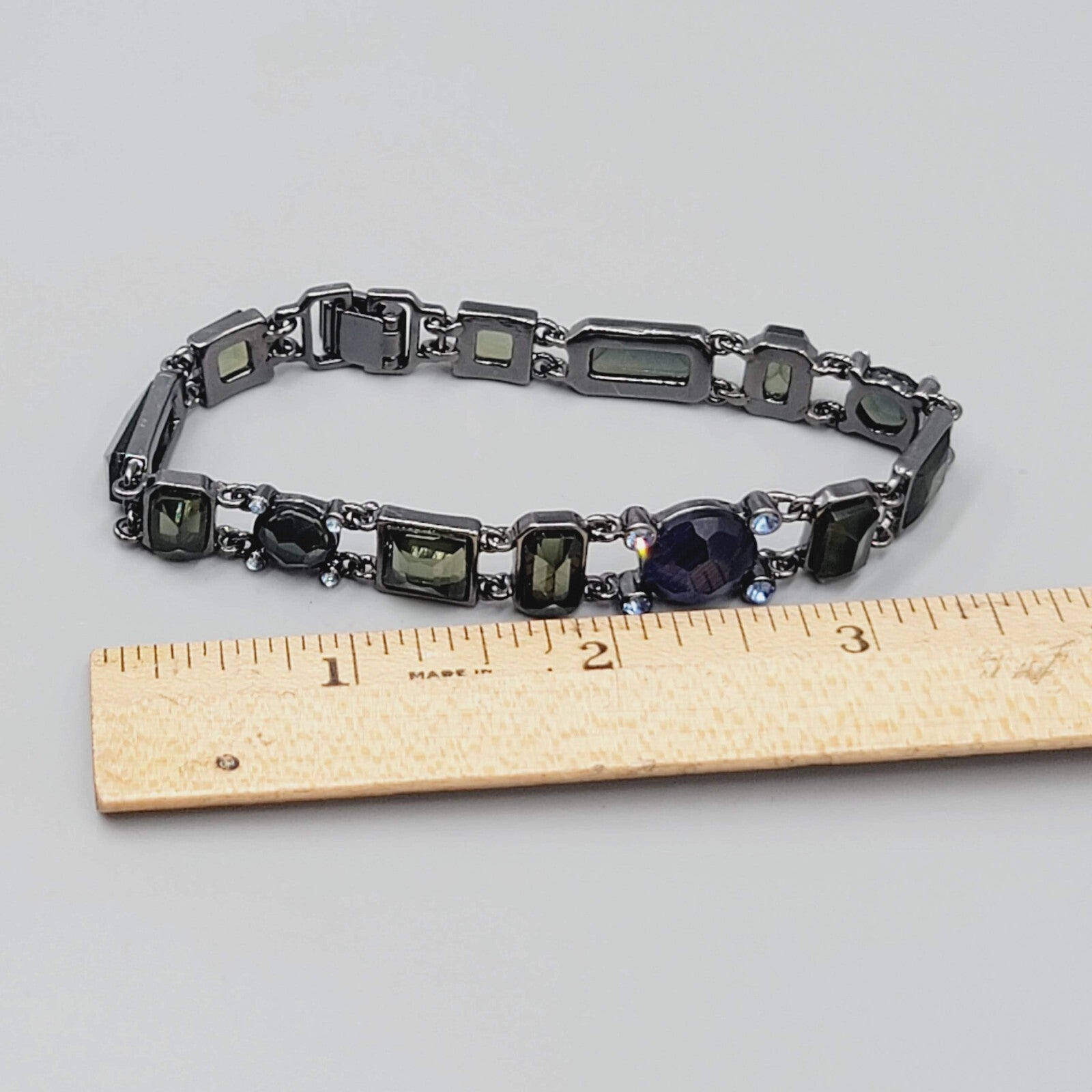 Black Metal Bracelet Dark Green Blue Rhinestones 7.25"